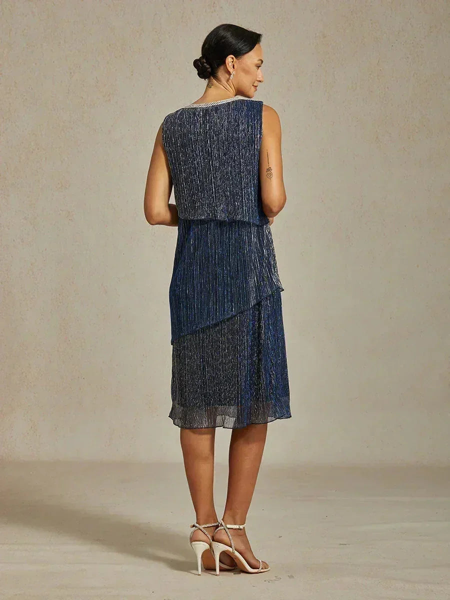 Metallic Pleated Chiffon Midi Dress with Beaded Round Neck