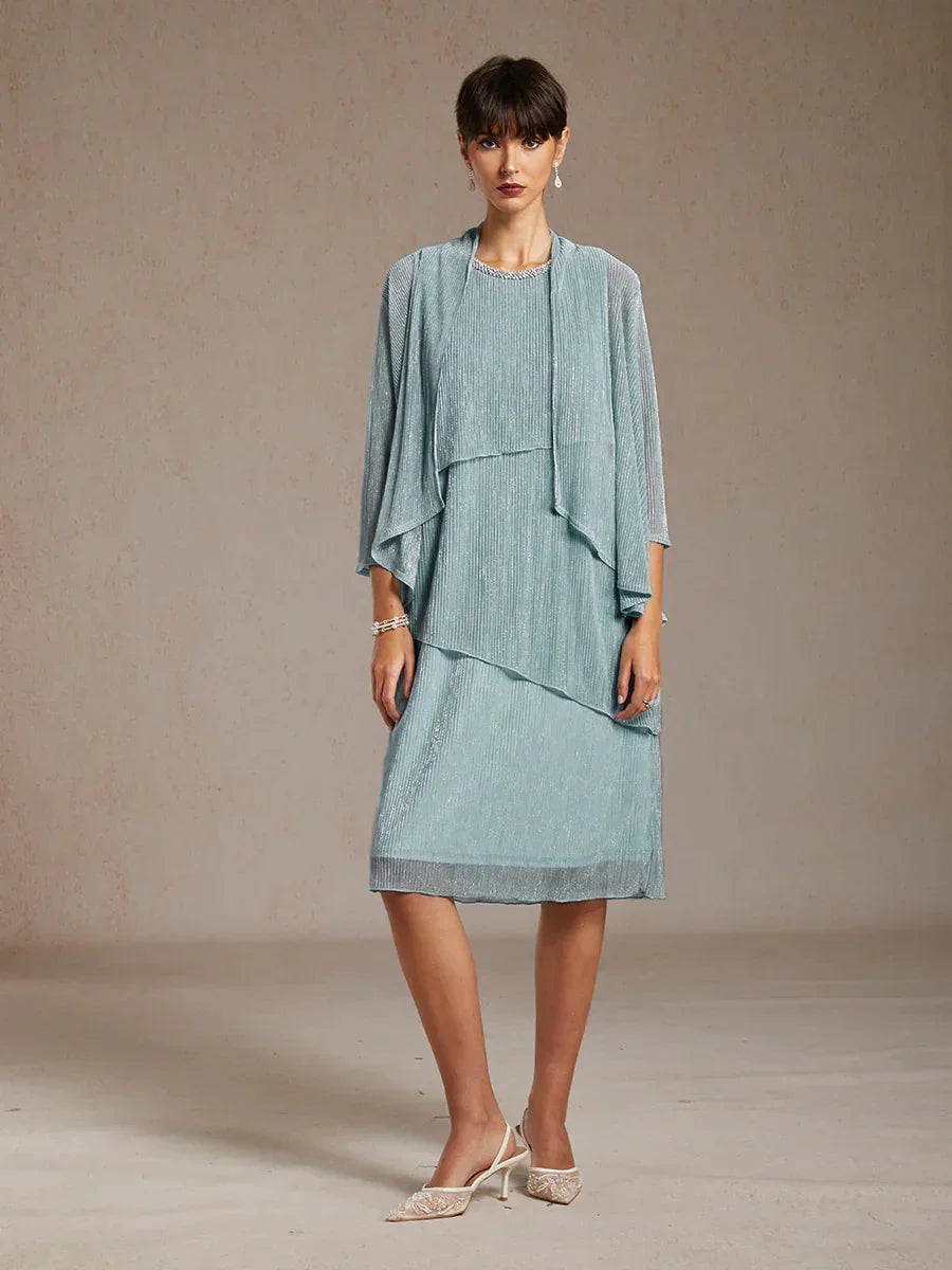 Metallic Pleated Chiffon Midi Dress with Beaded Round Neck