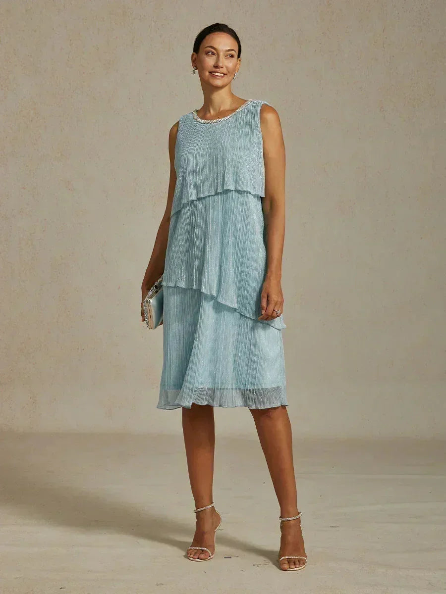 Metallisch Geplooide Chiffon Midi-jurk Met Ronde Hals Afgewerkt Met Kralen
