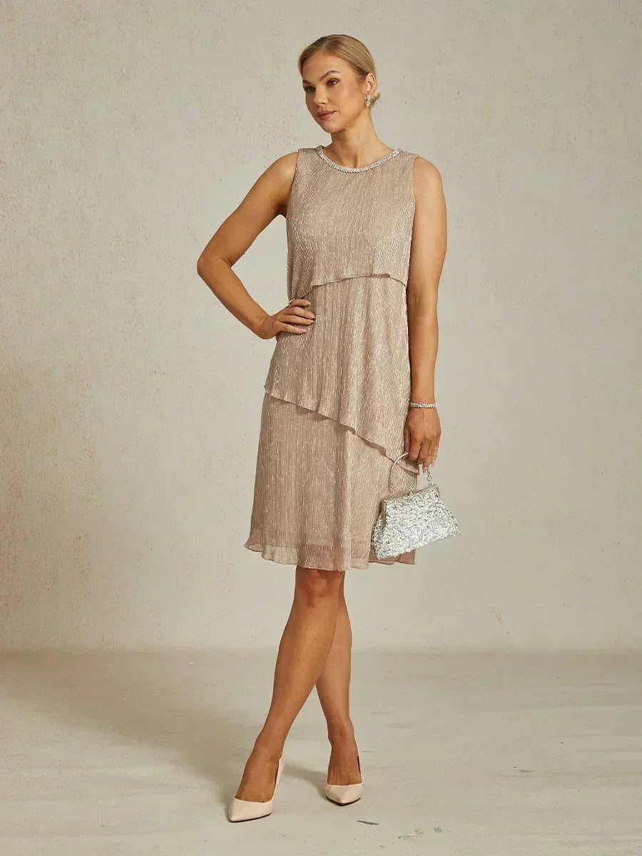 Metallic Geplooide Chiffon Midi-jurk met Kralenversierde Ronde Hals