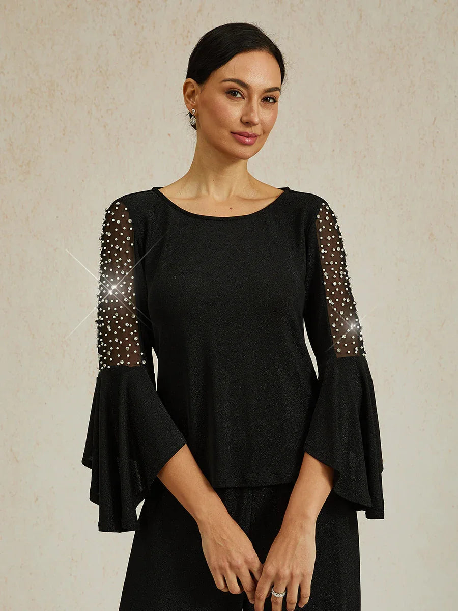 Beaded Illusion Metallic Knit Blouse
