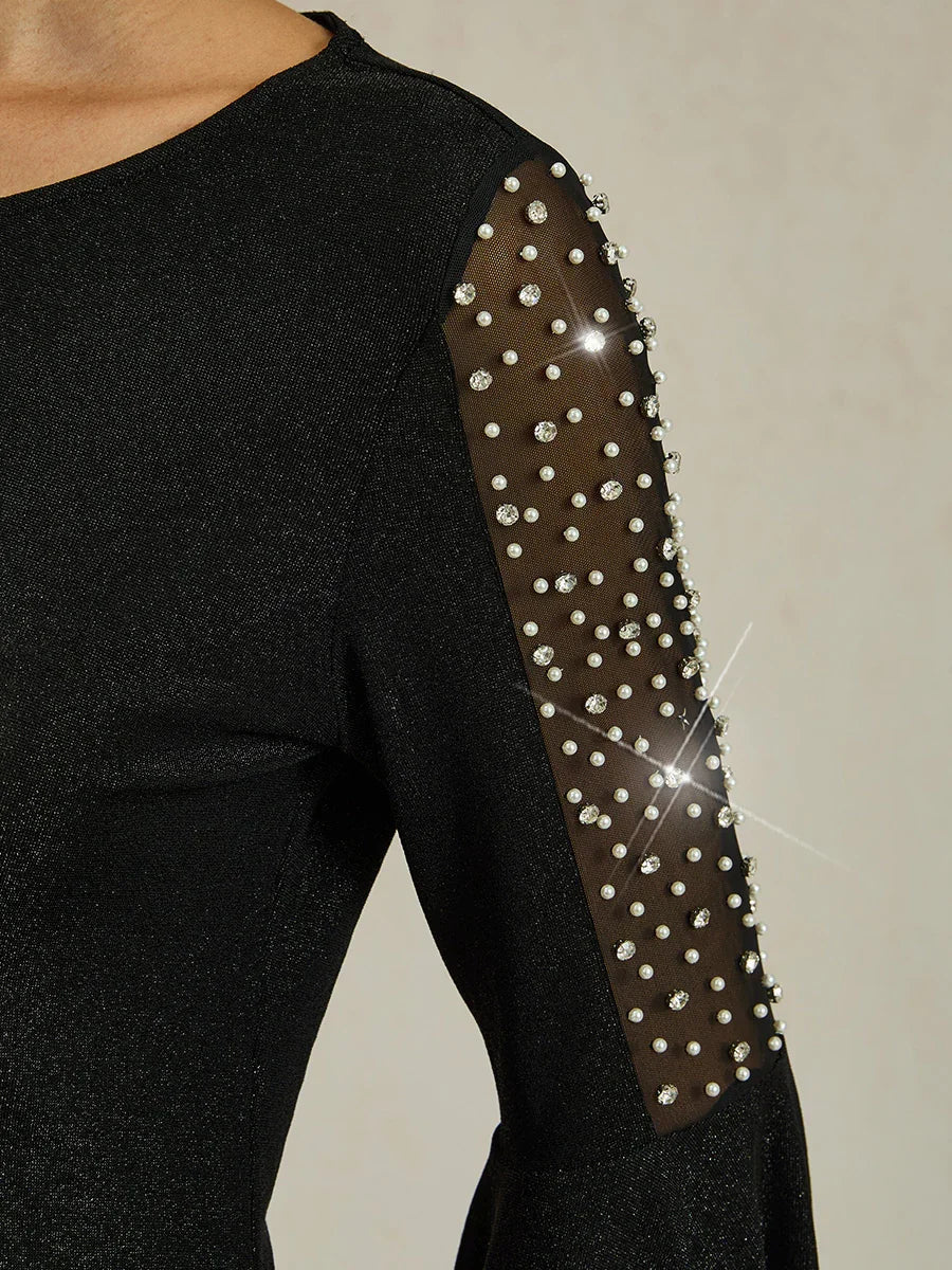 Beaded Illusion Metallic Knit Blouse