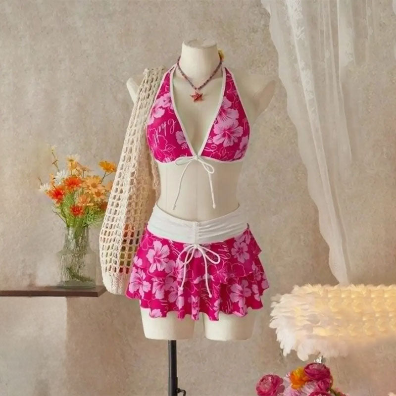 Tropical Print Halter Bikini with Swim Skirt β 3-Piece Set