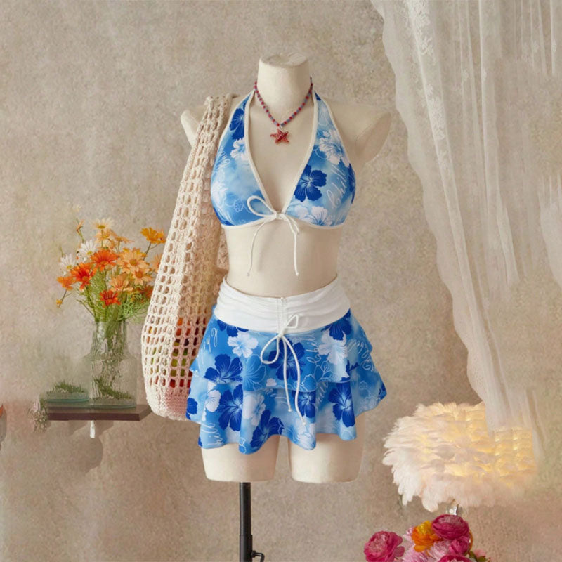 Tropical Print Halter Bikini with Swim Skirt β 3-Piece Set