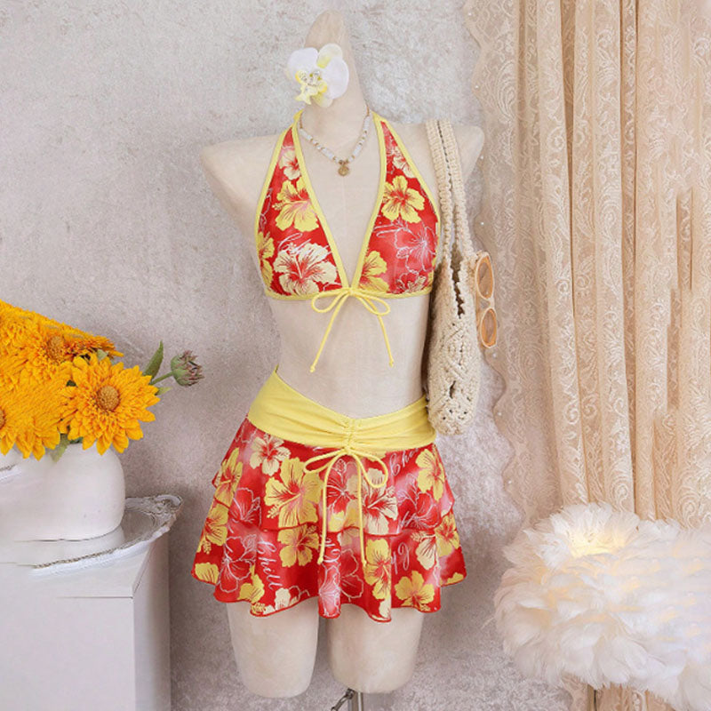 Tropical Print Halter Bikini with Swim Skirt β 3-Piece Set