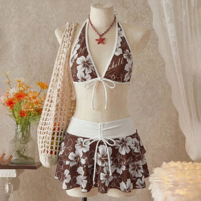 Tropical Print Halter Bikini with Swim Skirt β 3-Piece Set
