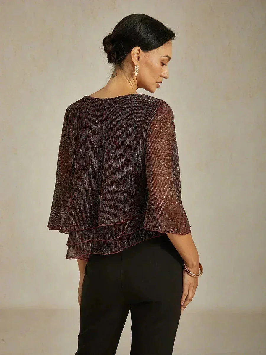 Metallisch Geplooide Chiffon Asymmetrische Gelaagde Blouse