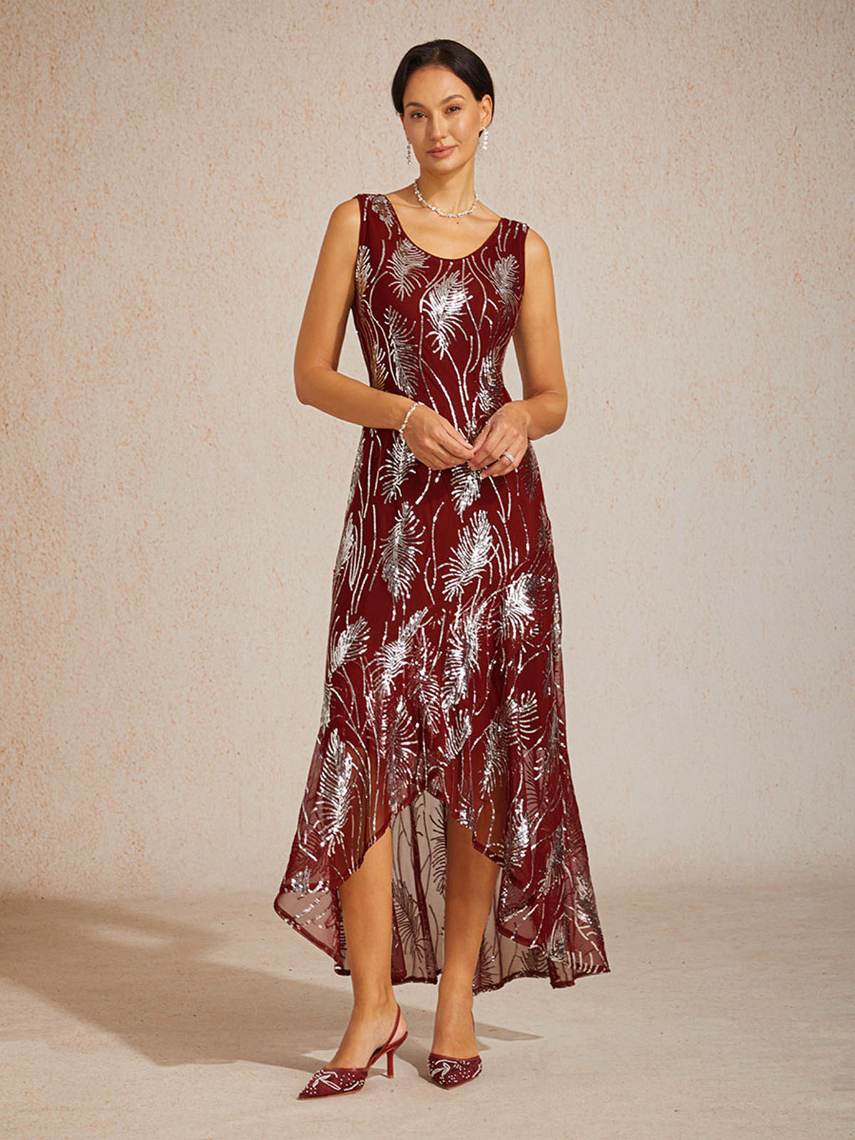 Sleeveless A-Line Maxi Dress with Mesh Sequin