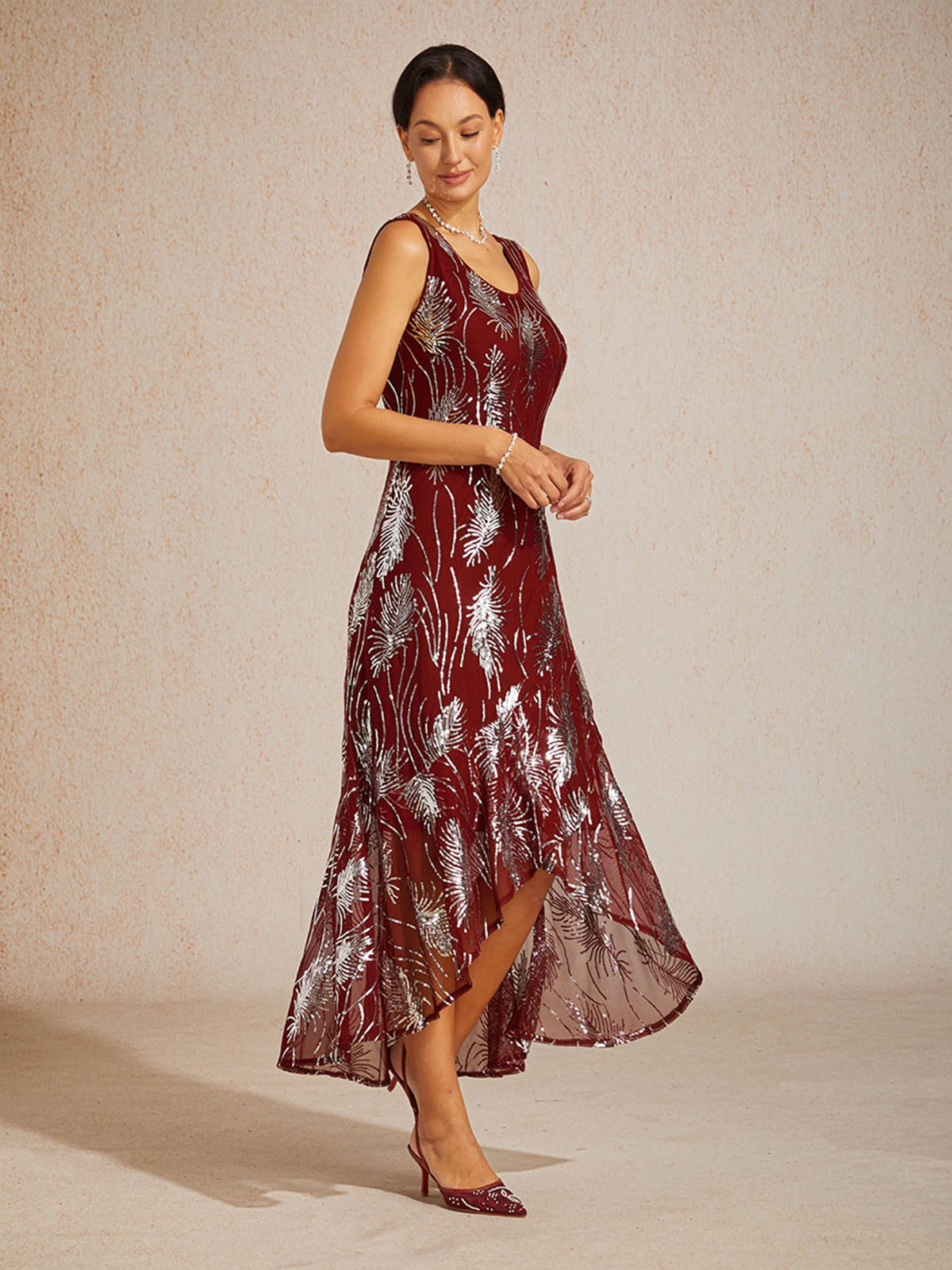 Sleeveless A-Line Maxi Dress with Mesh Sequin