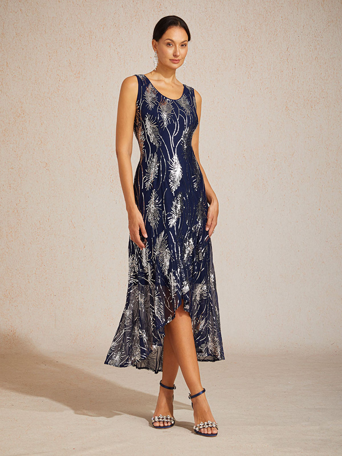 Sleeveless A-Line Maxi Dress with Mesh Sequin