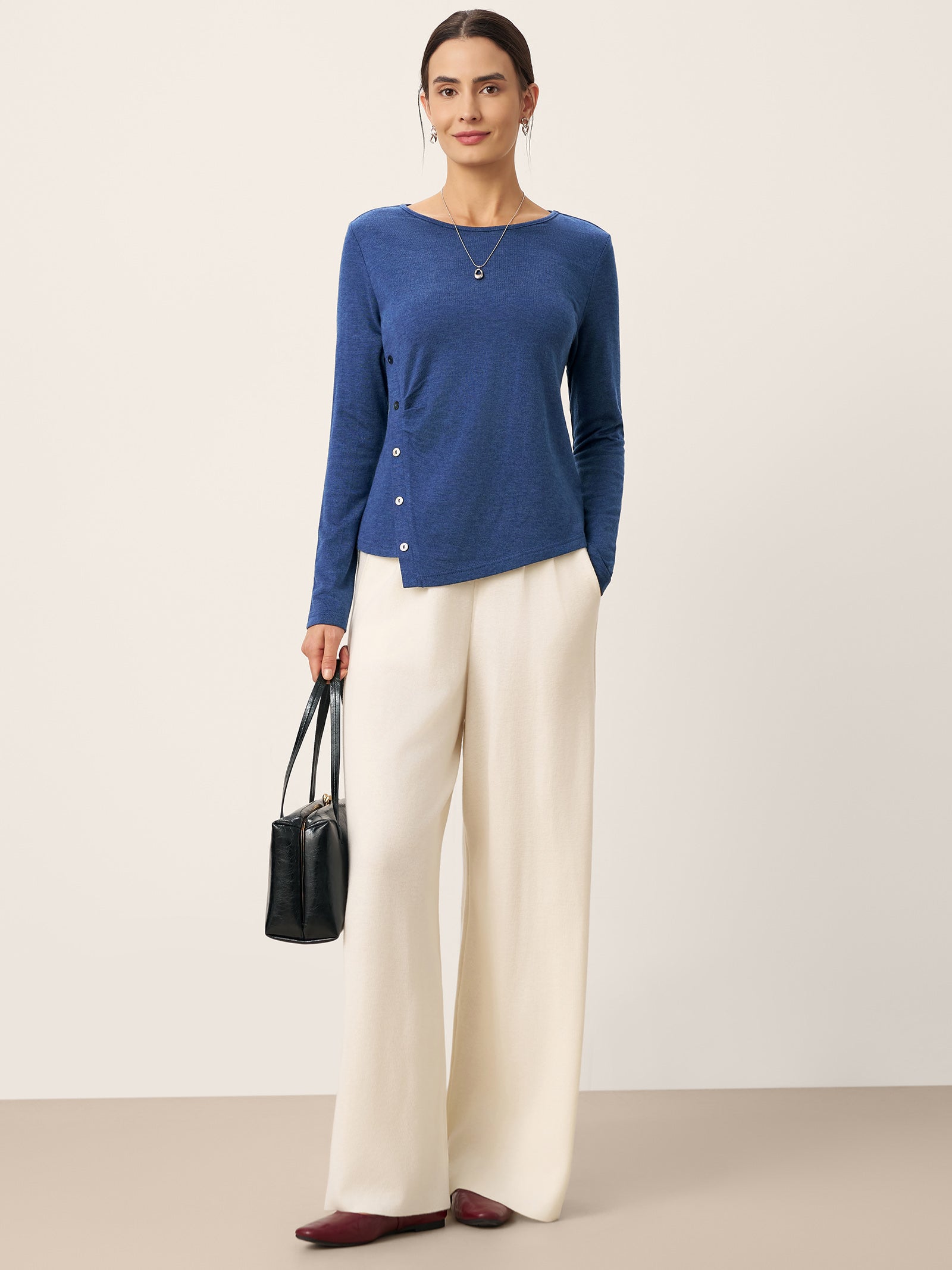 Wool Asymmetric Buttoned Long Sleeve Top LUCIE