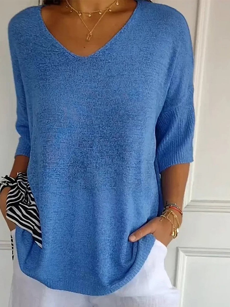 TINA™ - Solid Color Knitted V-Neck Sweater