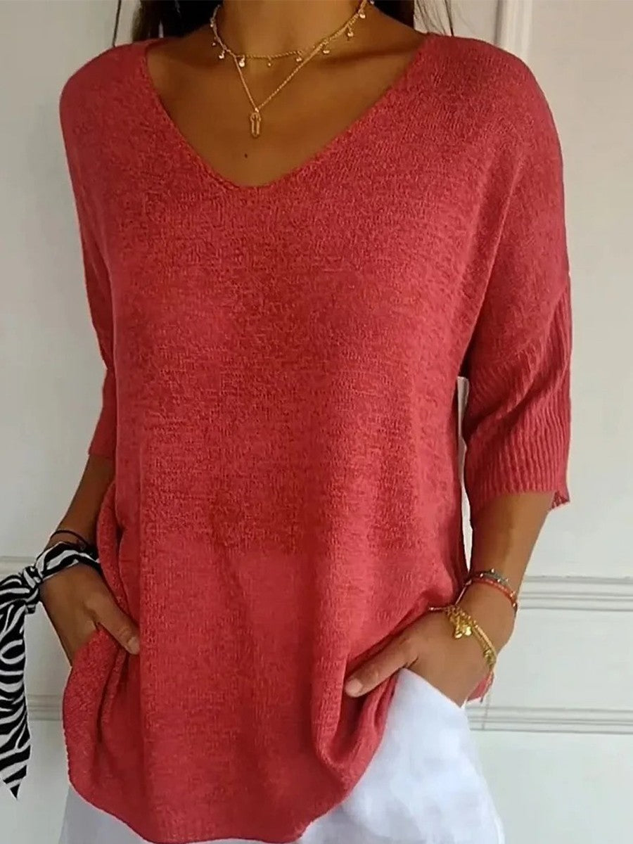 TINA™ - Solid Color Knitted V-Neck Sweater