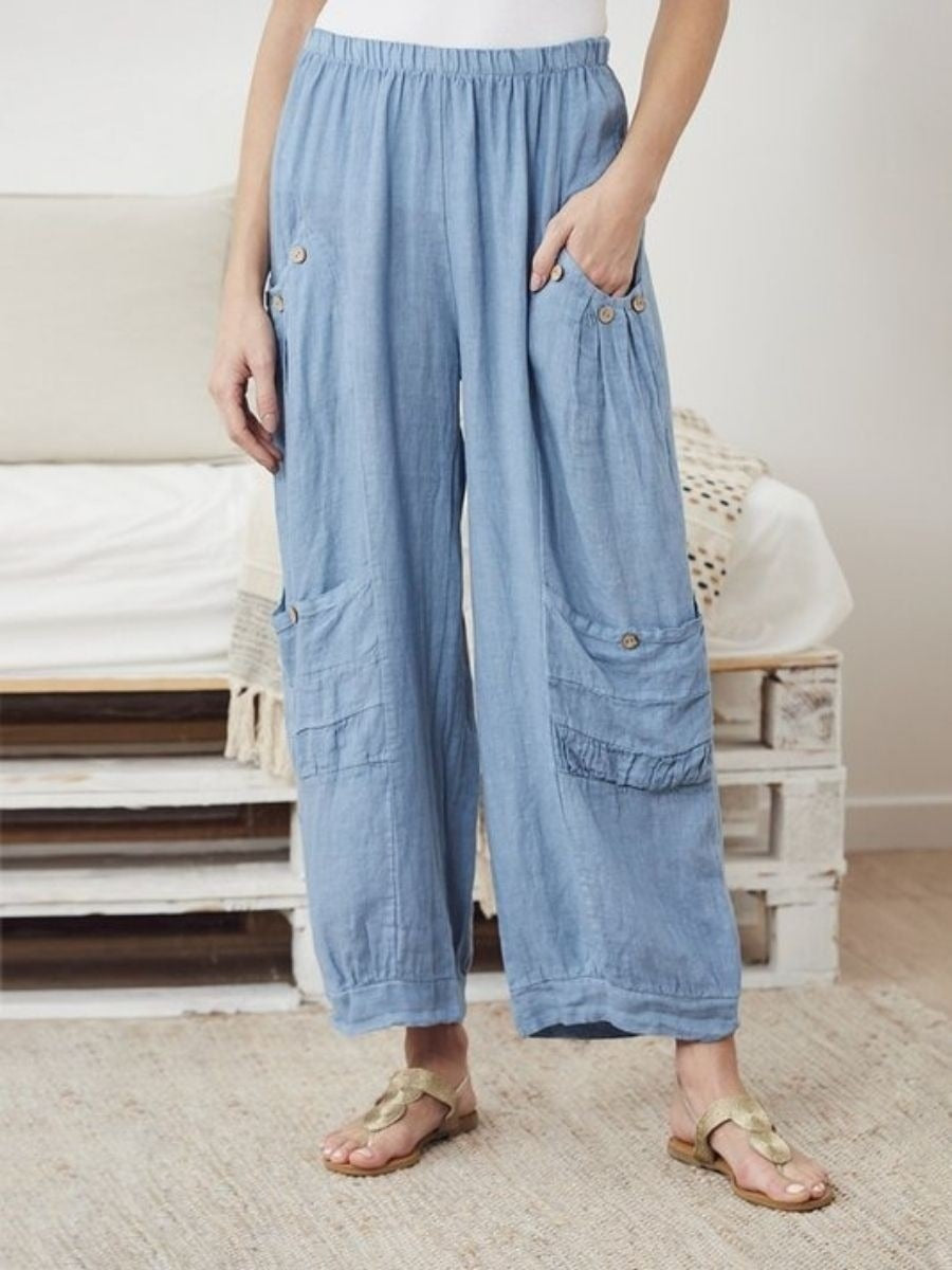 Blue Solid Pants with Pockets