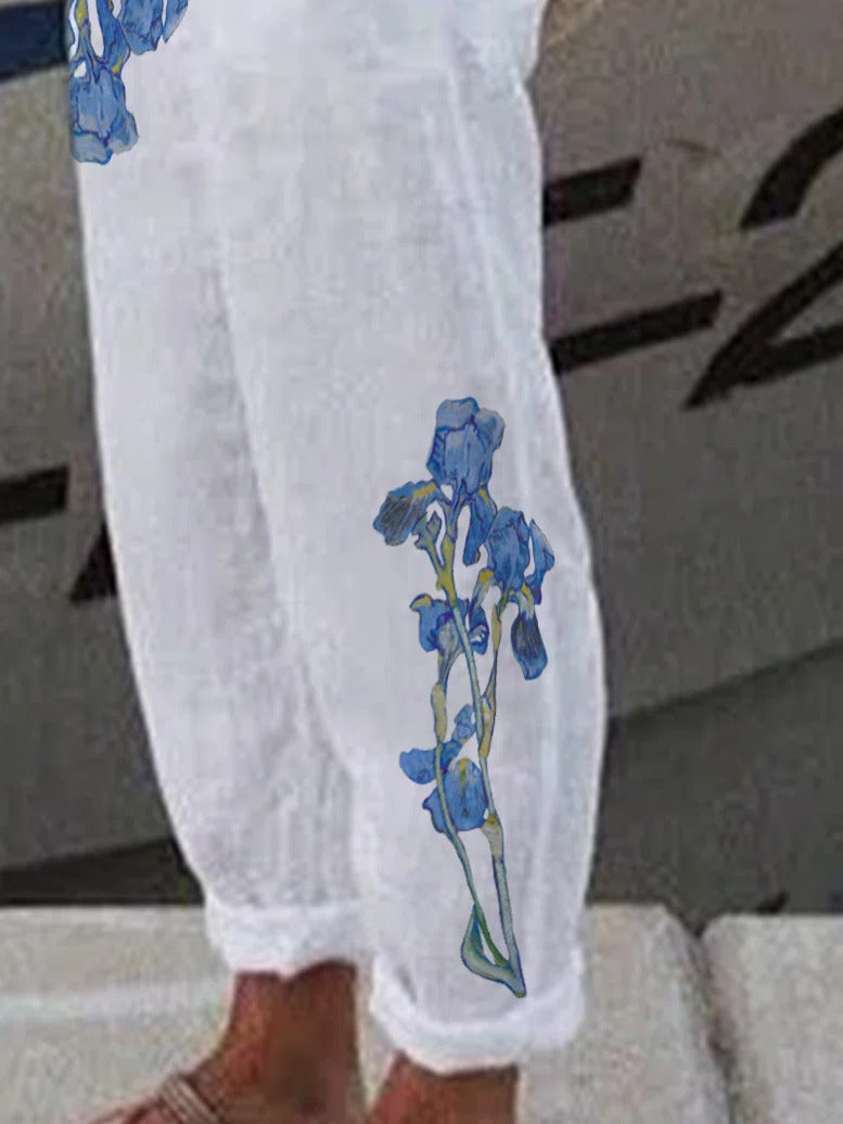 Irises Print with Pockets Casual Loose Pants