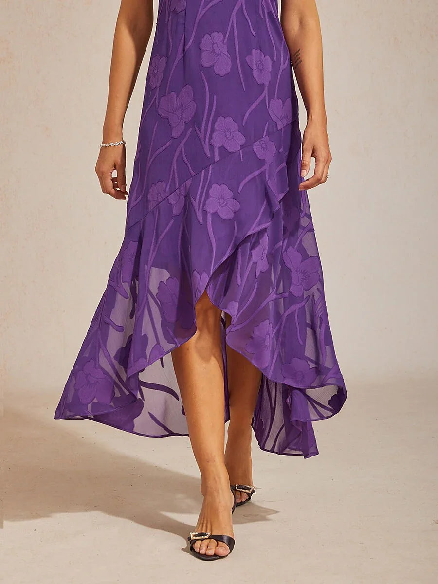 Chiffon Mouwloze Avondjurk Met Bloemenprint En Asymmetrische Zoom