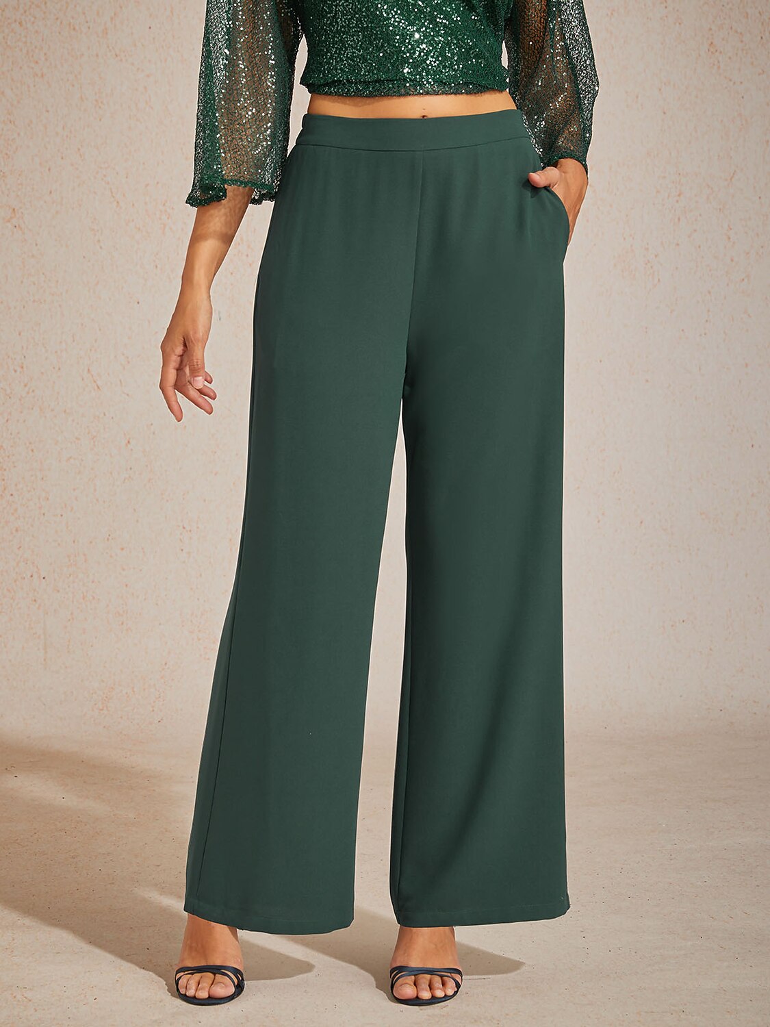 Mid-Rise Broek met Elastische Taille, Wijde Pijpen en Zakken