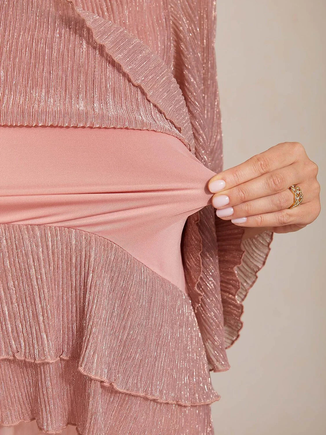 Metallic Geplooide Chiffon Asymmetrische Gelaagde Blouse