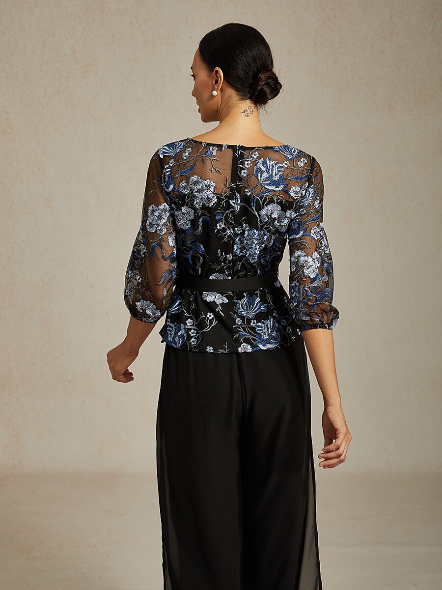 Bloemige Geborduurde Blouse Met 3/4-Ballonmouwen & Illusion-Halslijn