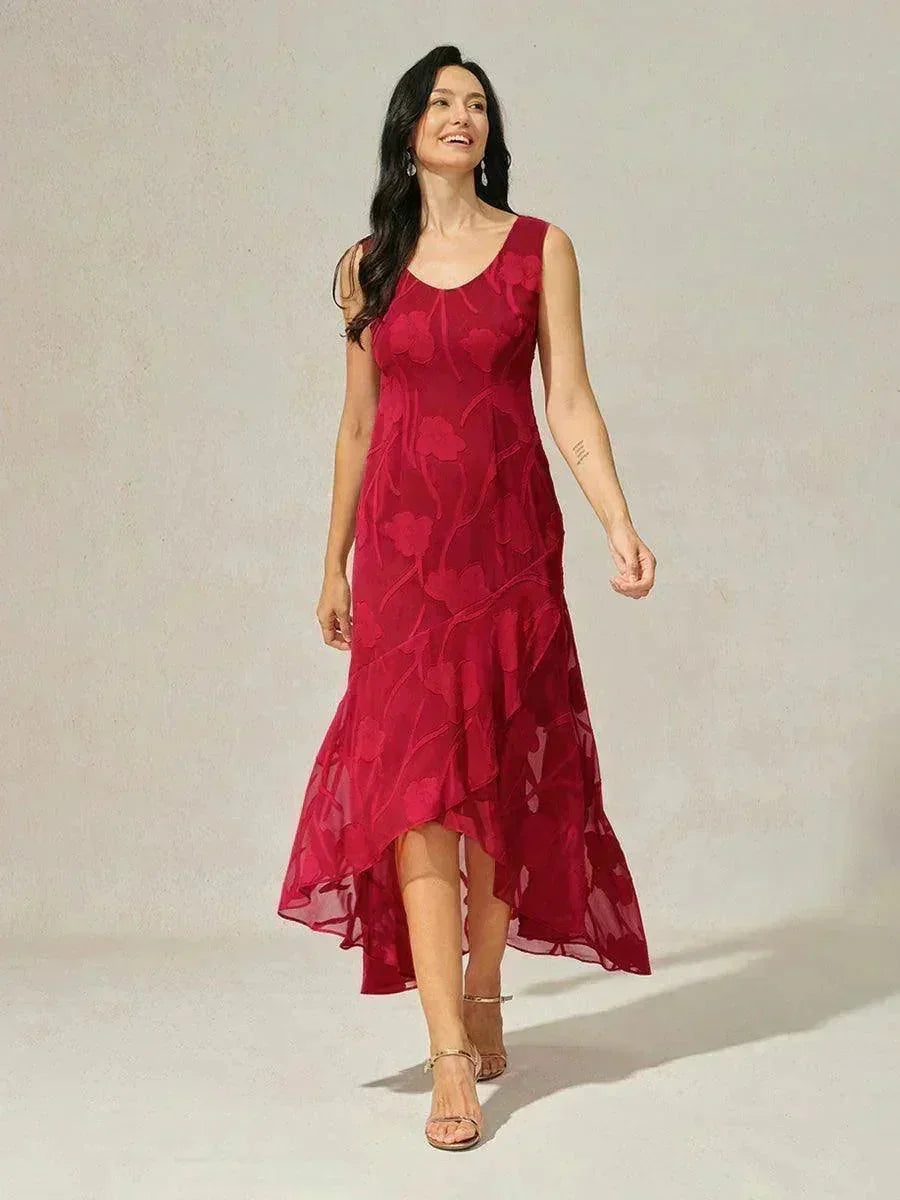 Mouwloze Chiffon Avondjurk Met Bloemenprint En Asymmetrische Zoom