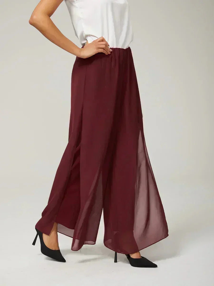 Broek Met Rechte Pijpen en Chiffon-Overslag Met Split