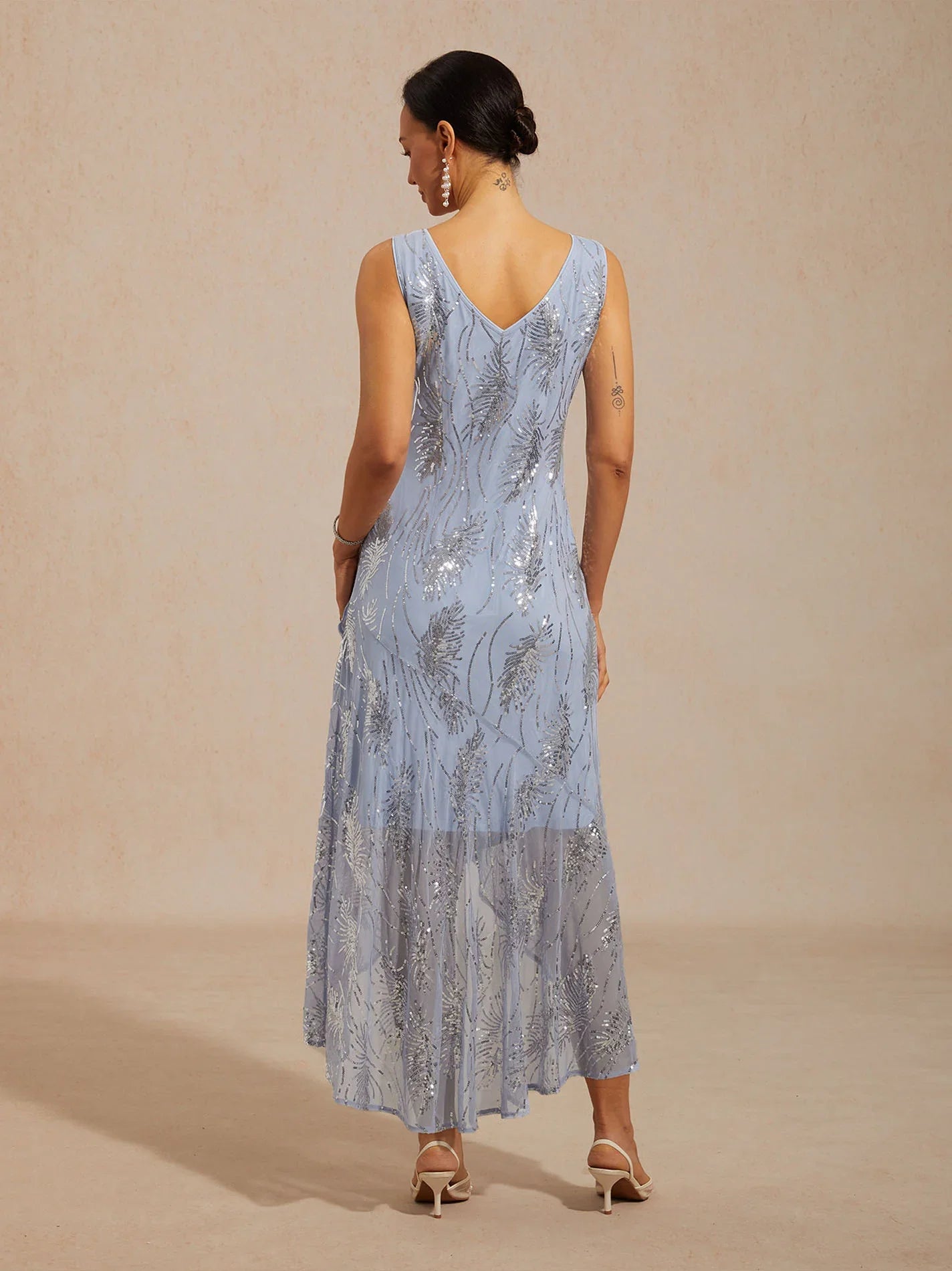 Sleeveless A-Line Maxi Dress with Mesh Sequin