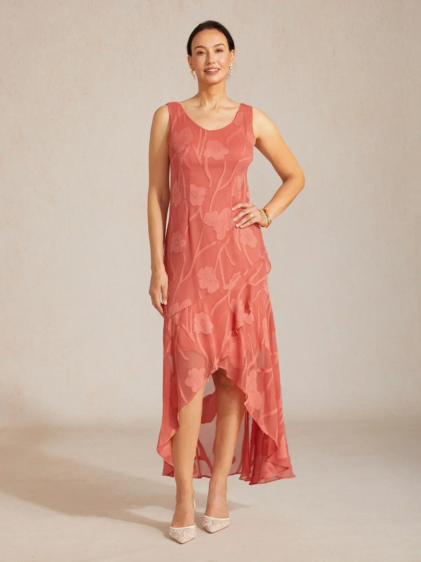Bloemenchiffon Mouwloze Avondjurk met Asymmetrische Zoom
