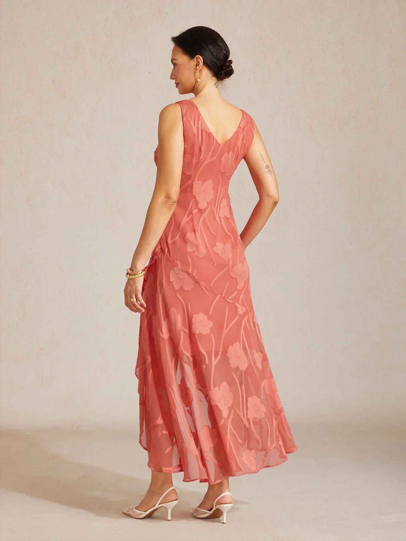 Bloemenchiffon Mouwloze Avondjurk met Asymmetrische Zoom