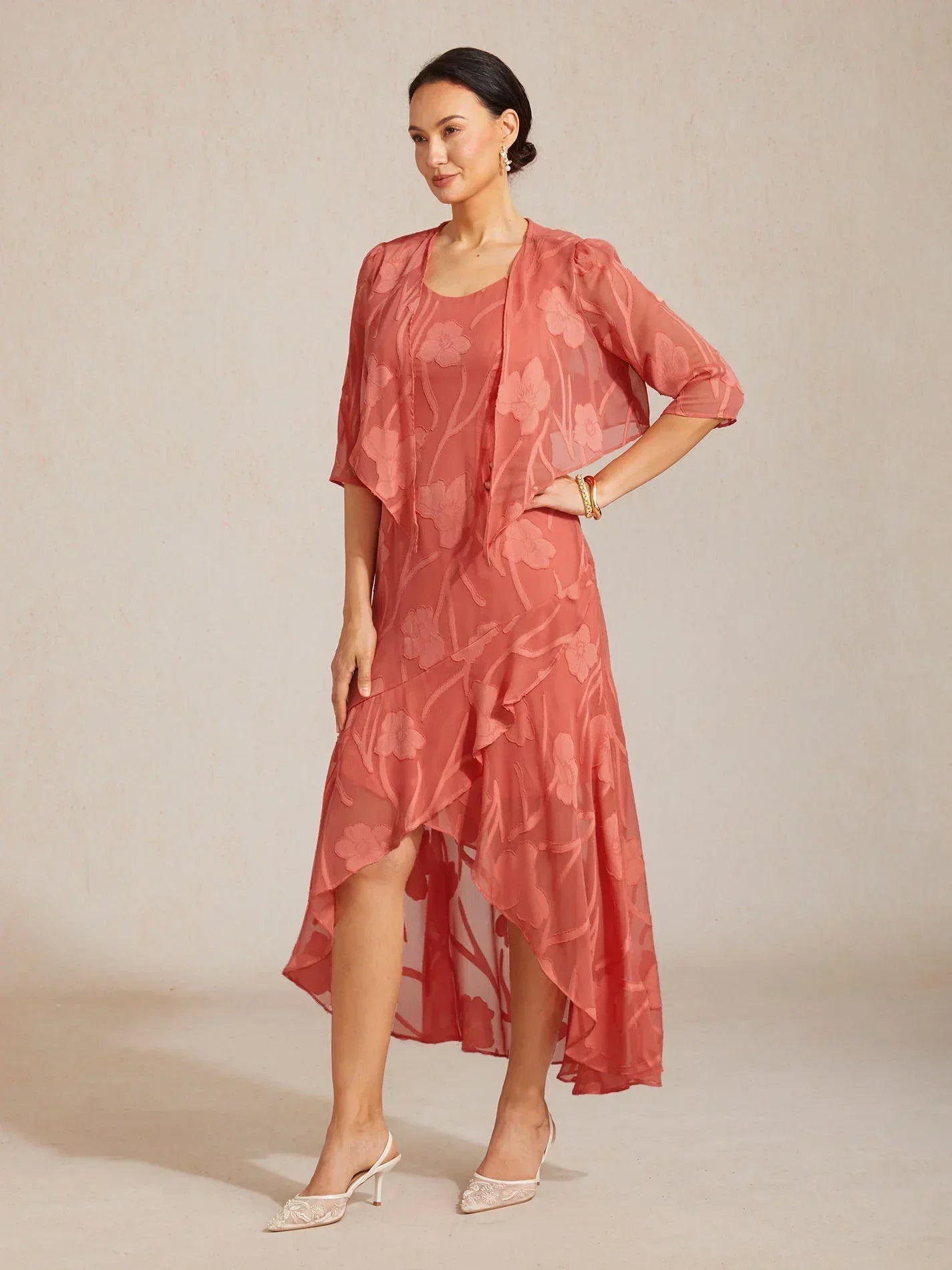 Floral Chiffon Sleeveless Evening Gown with Asymmetrical Hem
