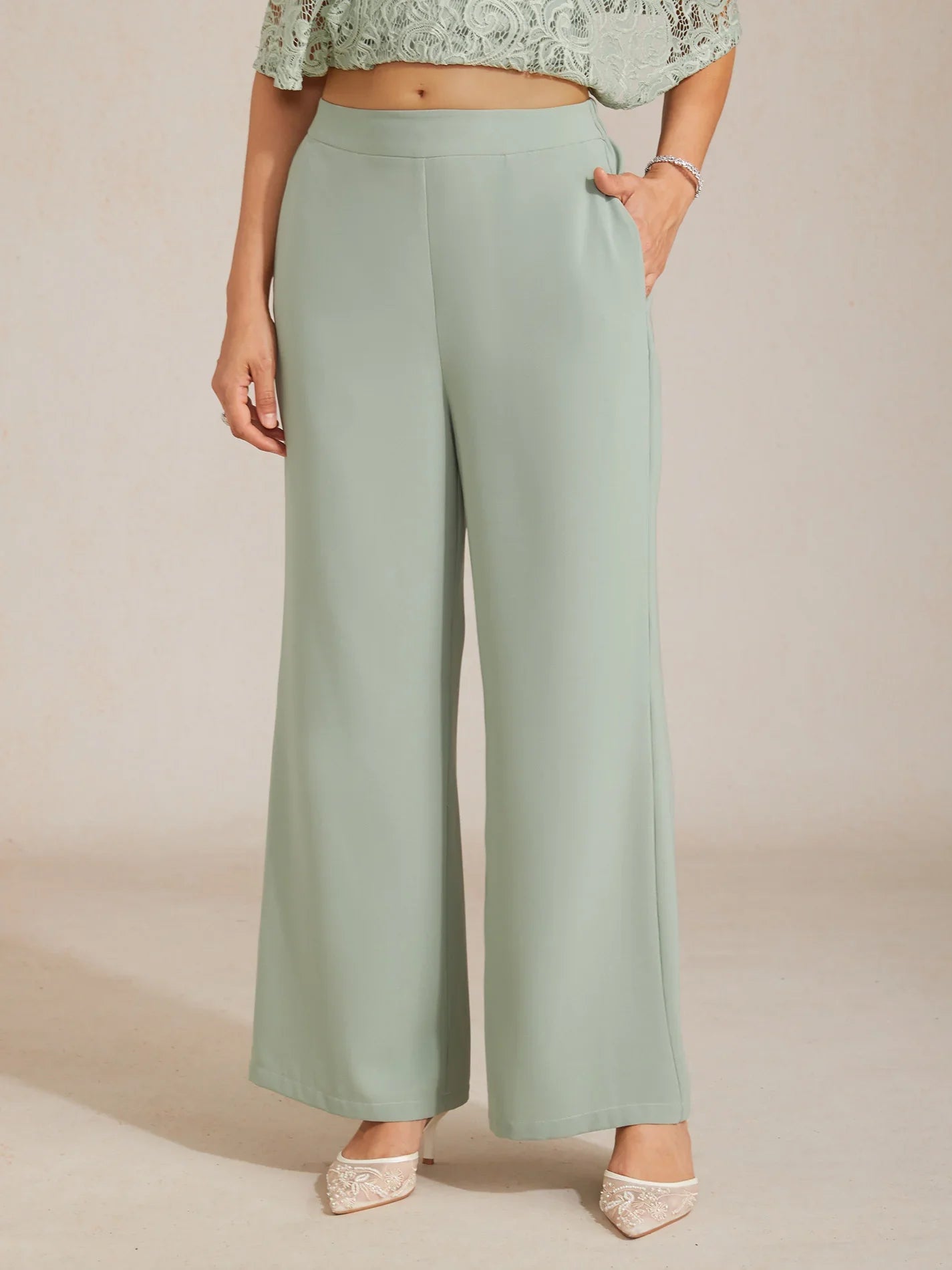 Mid-rise elastische taille wijde broek met zakken