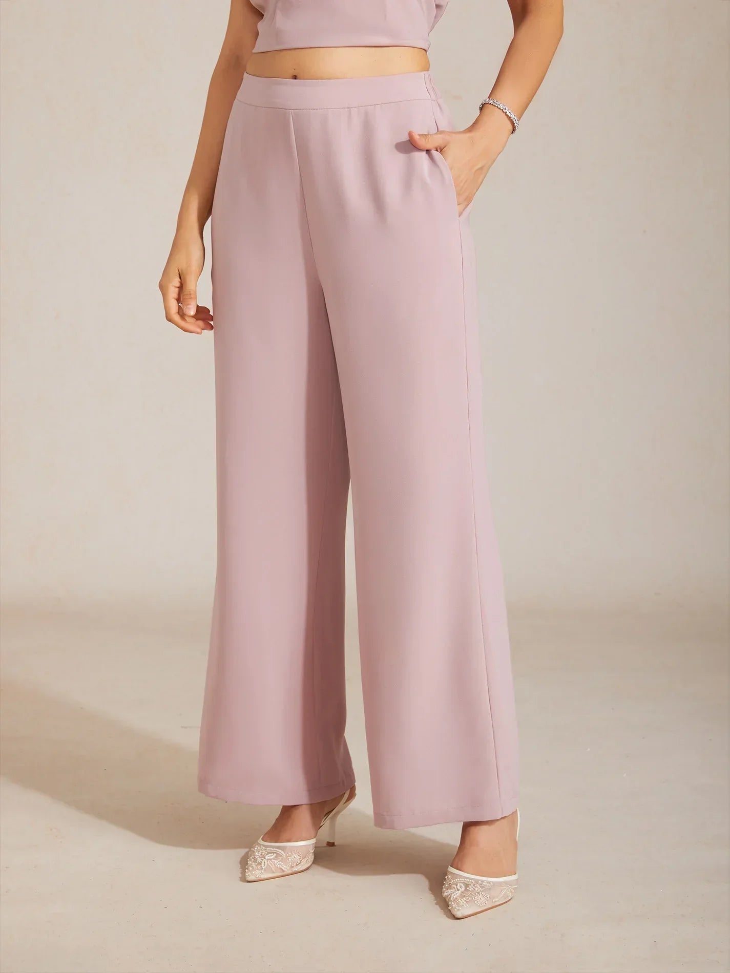 Mid-Rise Elastic Waist Wide-Leg Pants with Pockets