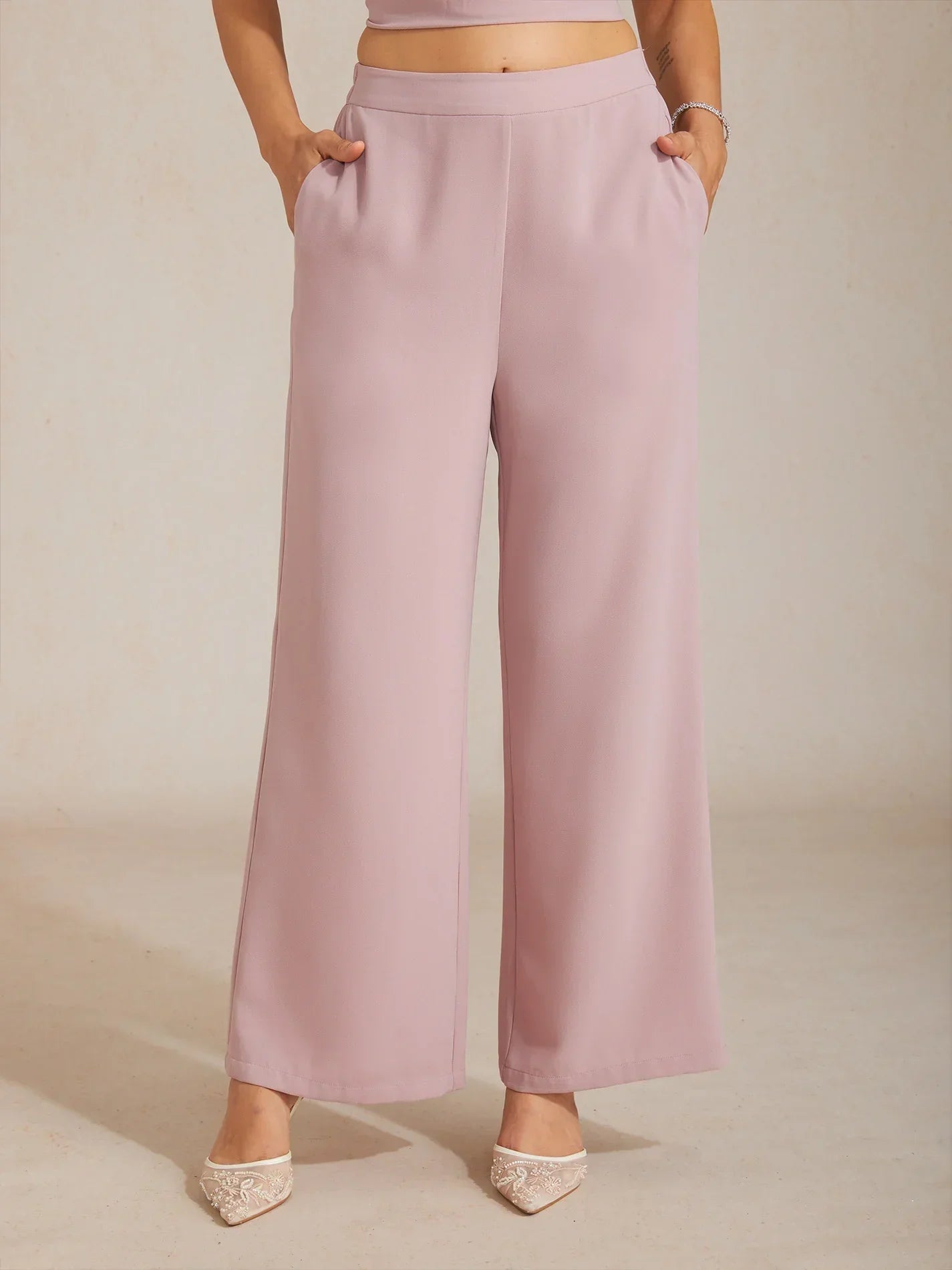 Mid-Rise Elastic Waist Wide-Leg Pants with Pockets