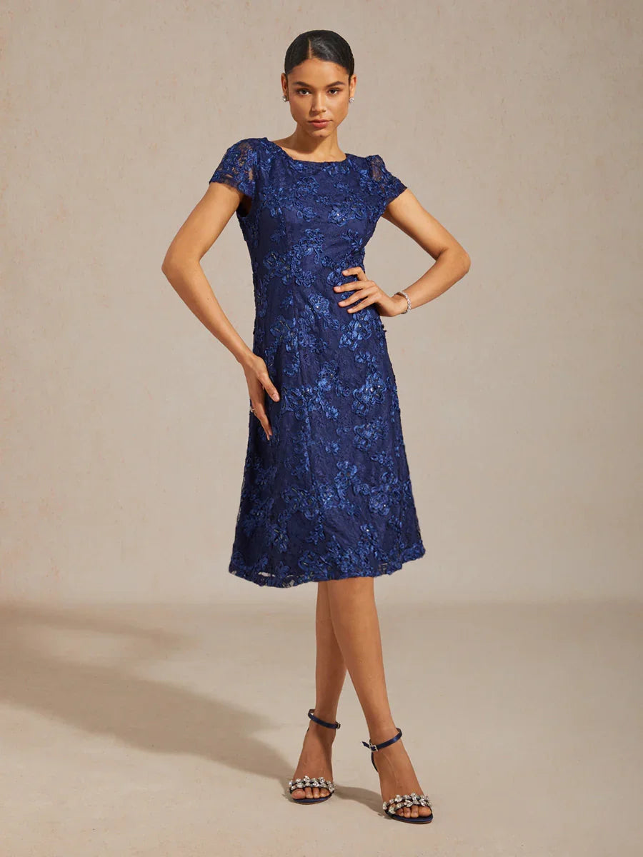 Rosette Lace Boat Neck A Line Dress