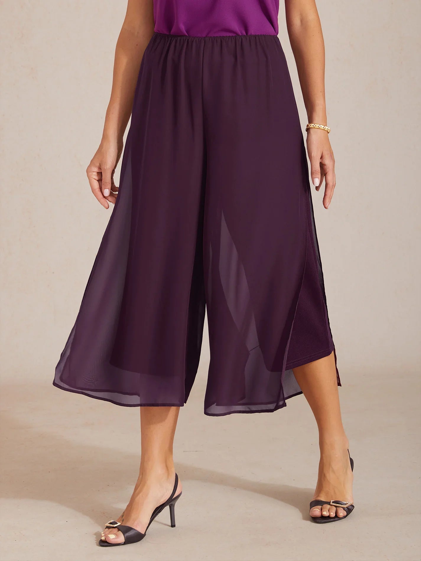 Cropped Length Straight Leg Pant With Chiffon Split Leg Overlay