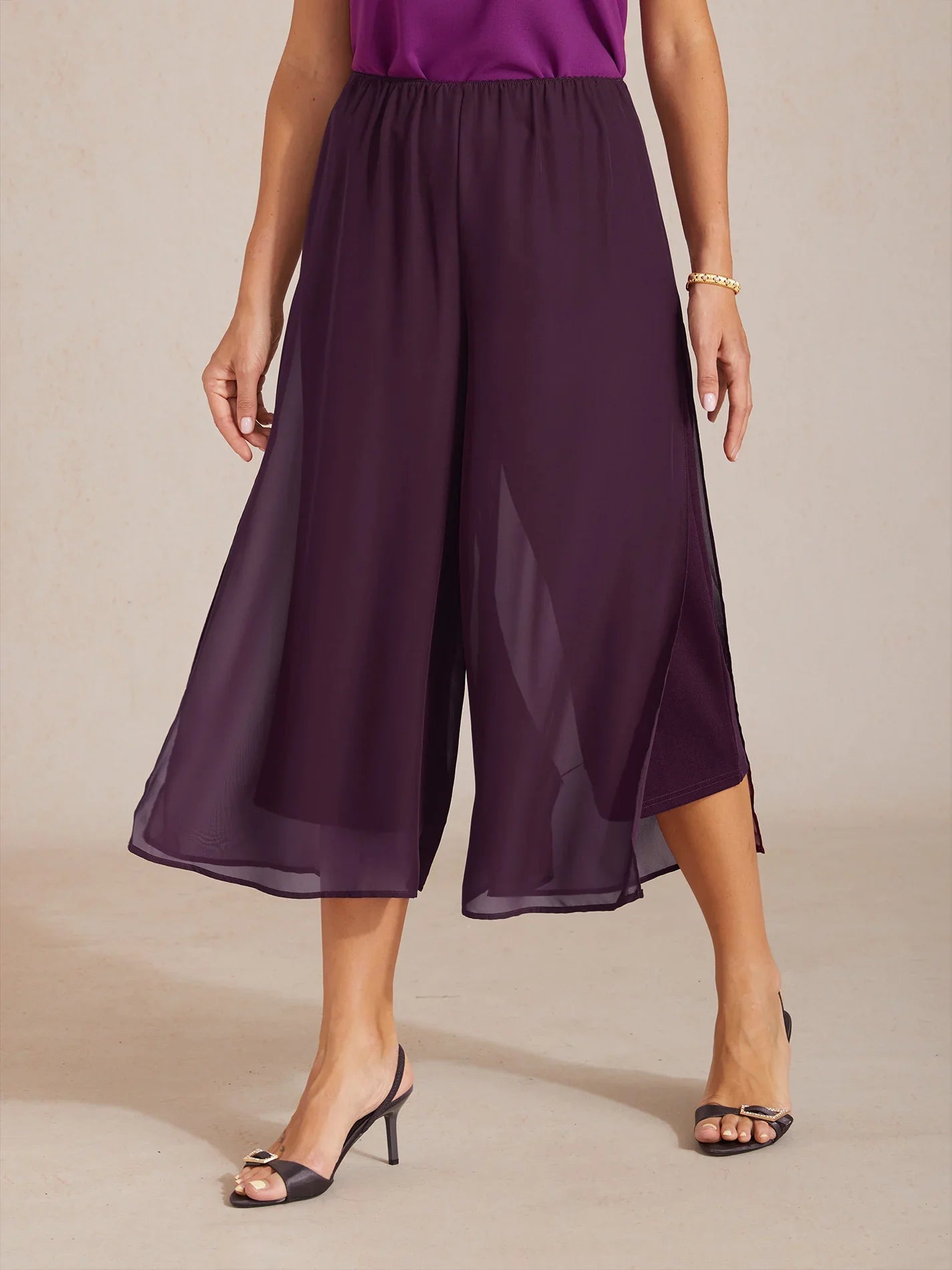 Cropped Broek Met Rechte Pijpen En Chiffon Splitpijp-Overlay