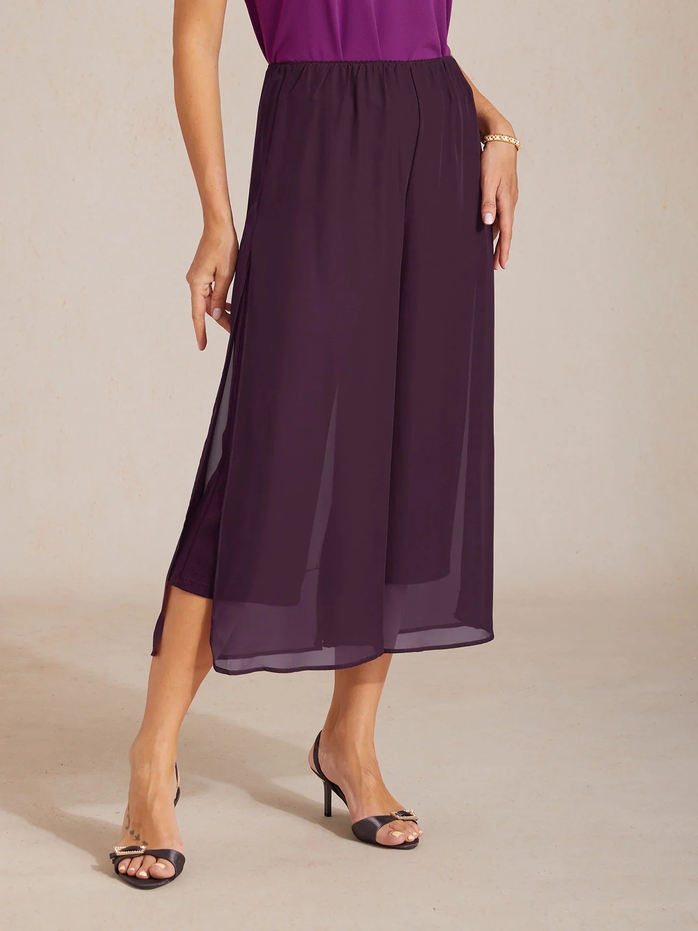 Cropped lengte rechte pijp broek met chiffon split pijp overlay