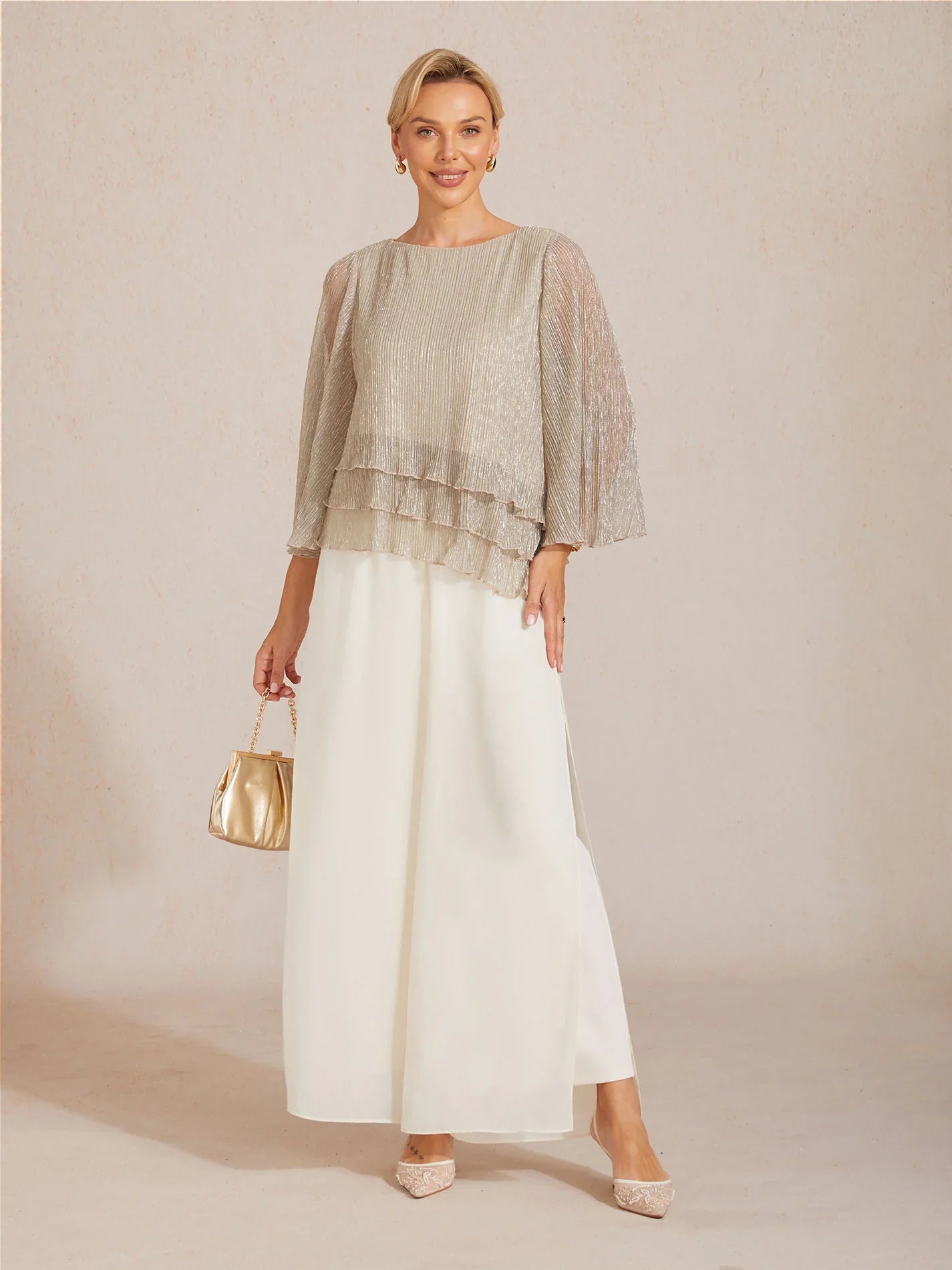 Metallische Geplooide Chiffon Asymmetrische Gelaagde Blouse