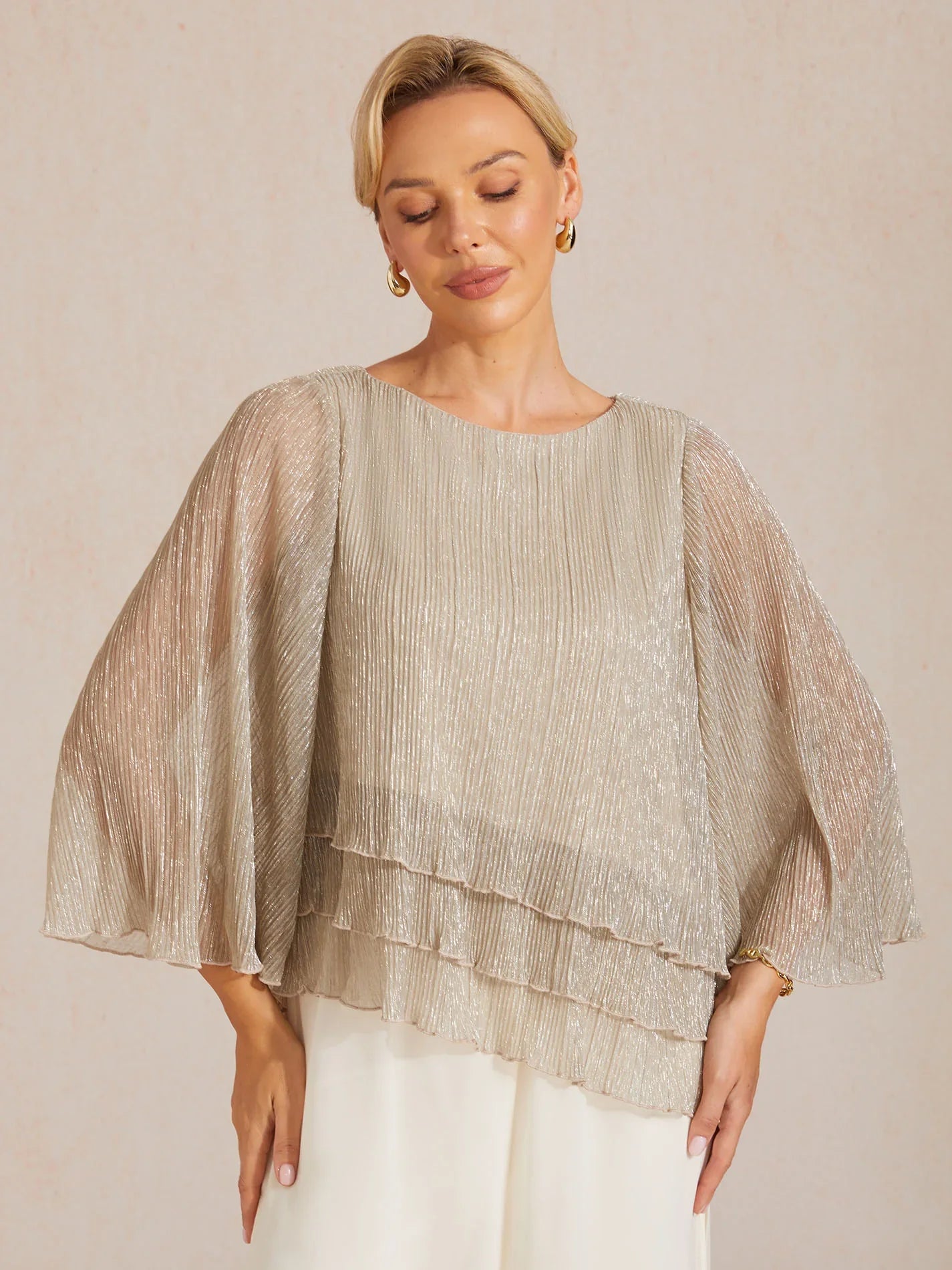 Metallisch Geplooide Chiffon Asymmetrische Gelaagde Blouse