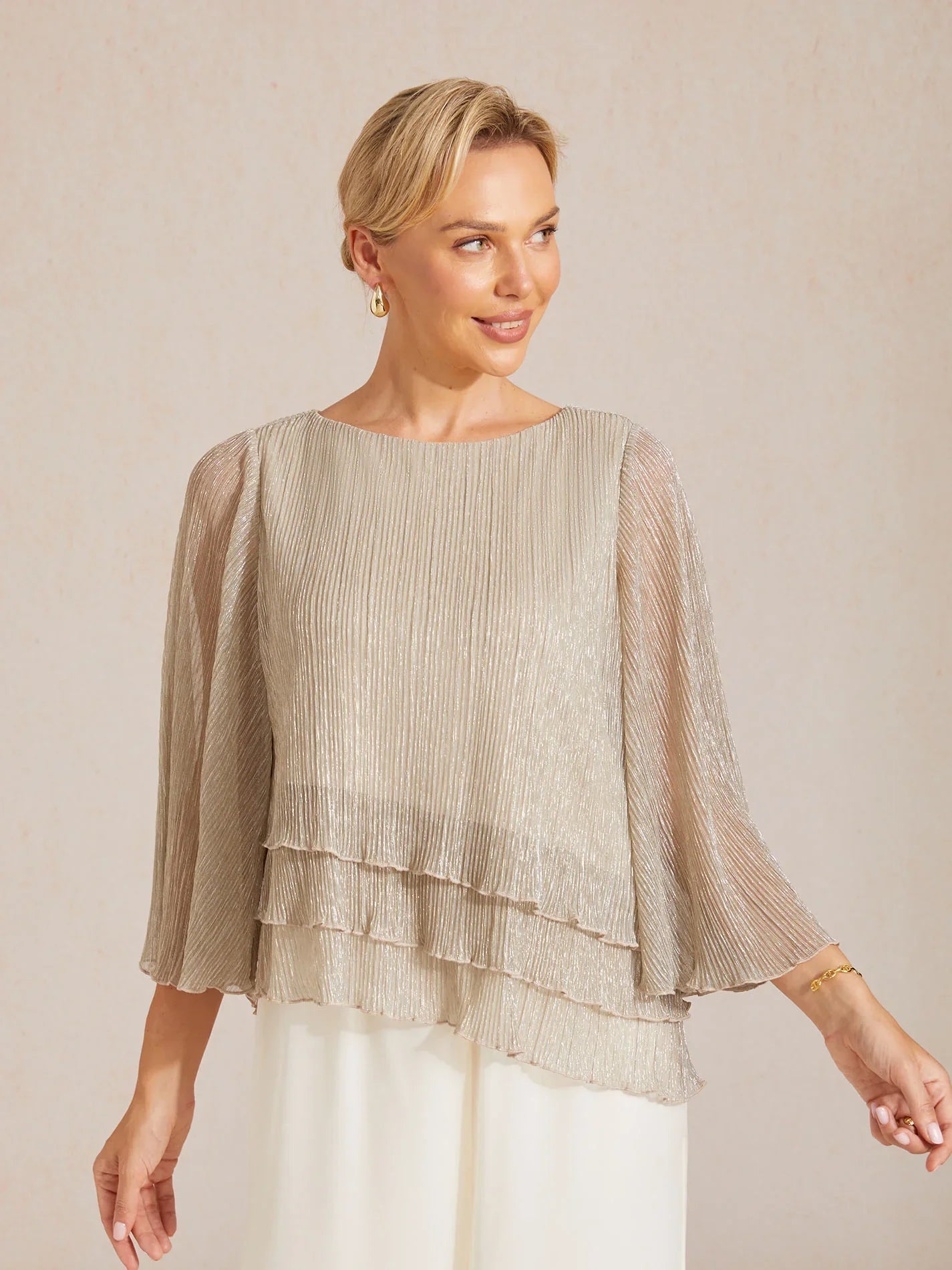 Metallische Geplooide Chiffon Asymmetrische Gelaagde Blouse