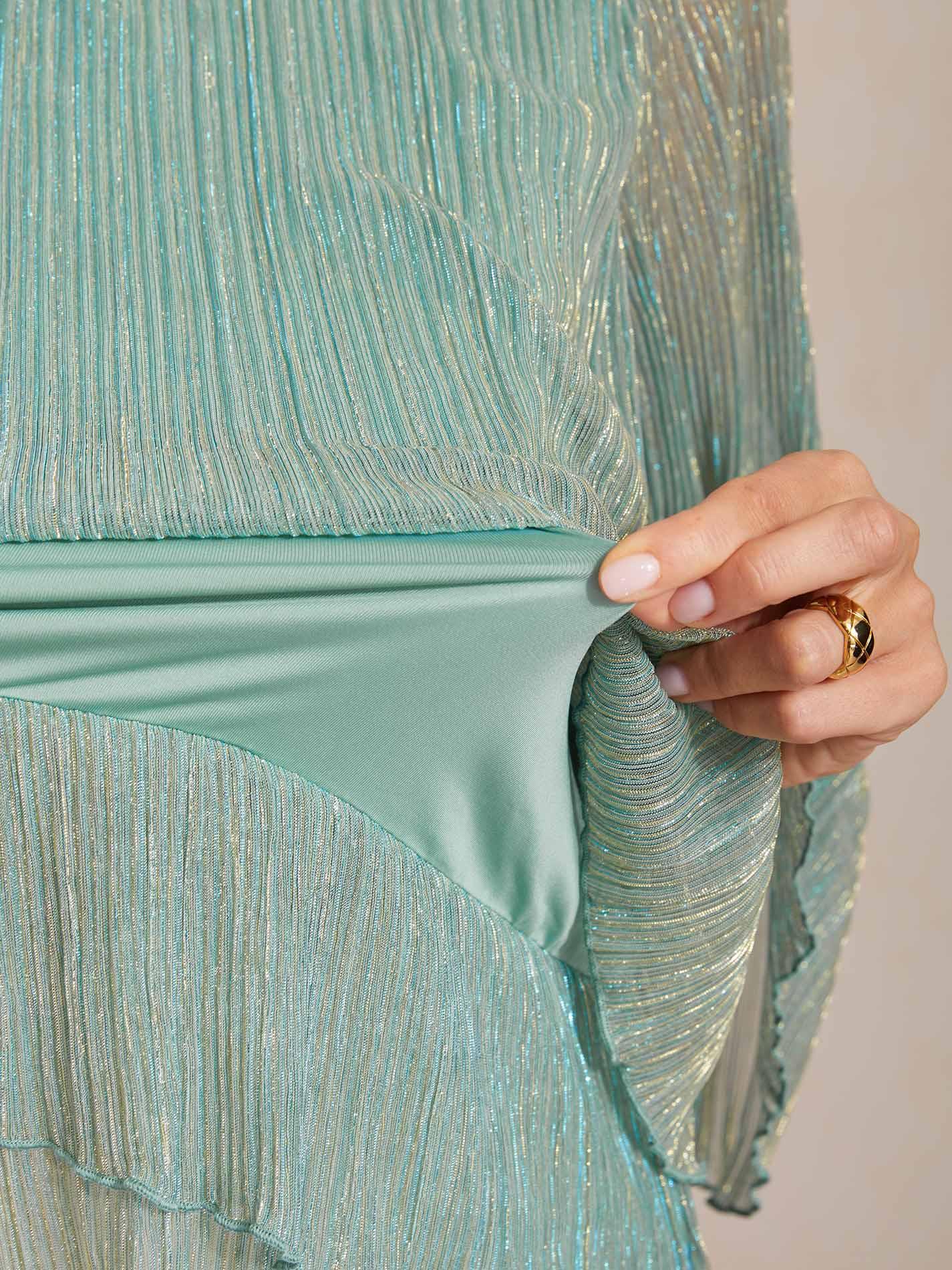 Metallic Geplooide Chiffon Asymmetrische Gelaagde Blouse