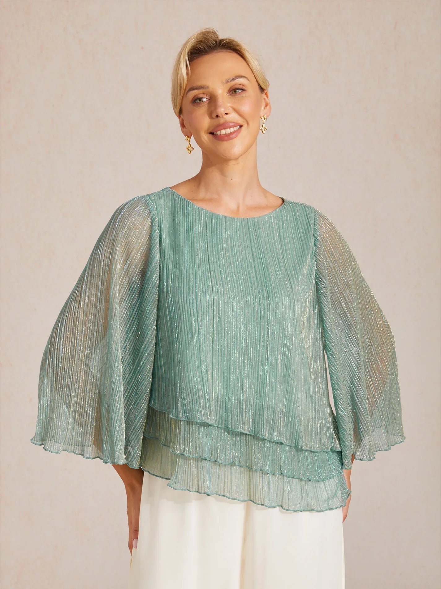 Metallische Geplooide Chiffon Asymmetrische Gelaagde Blouse