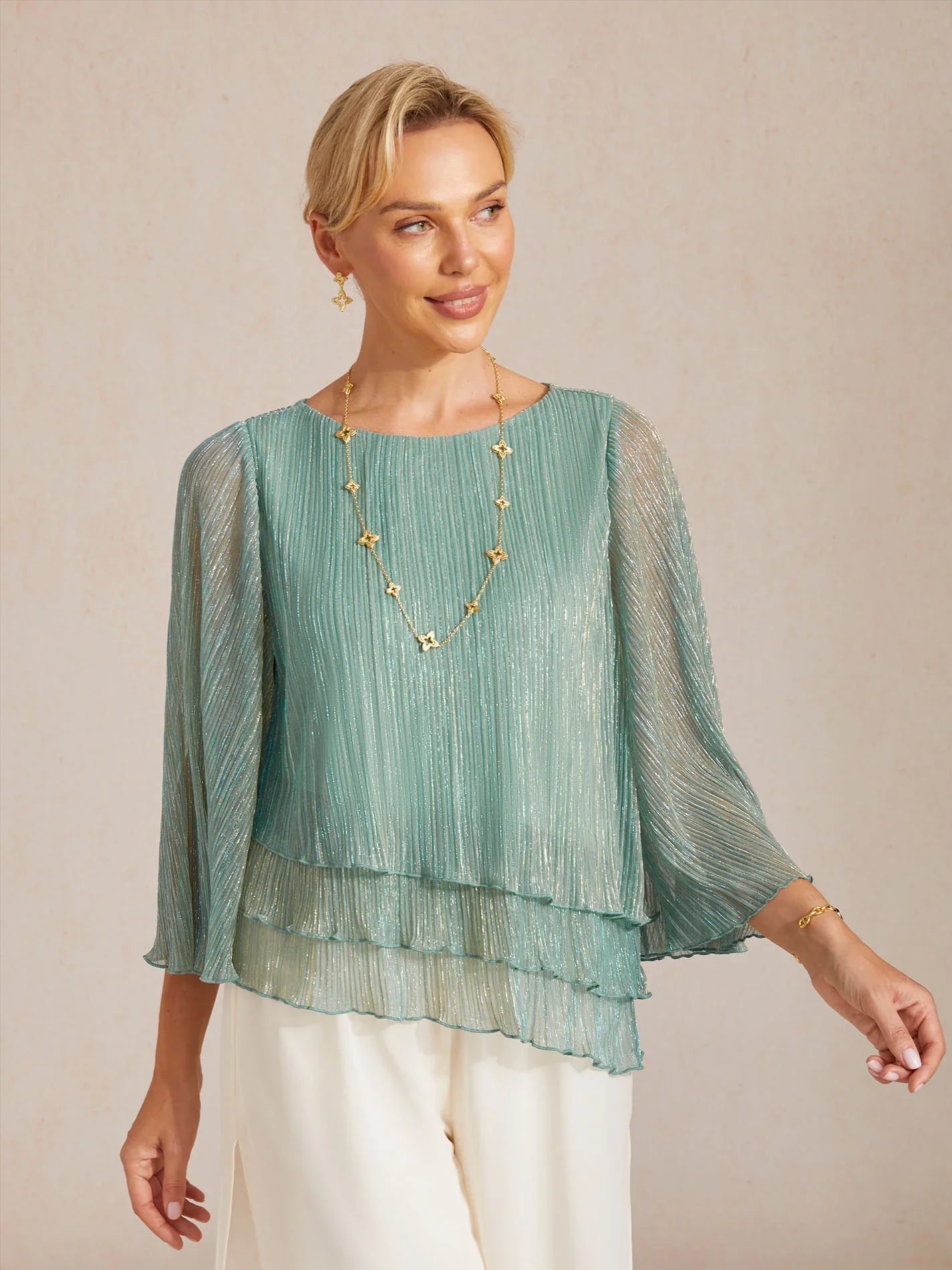 Metallische Geplooide Chiffon Asymmetrische Gelaagde Blouse