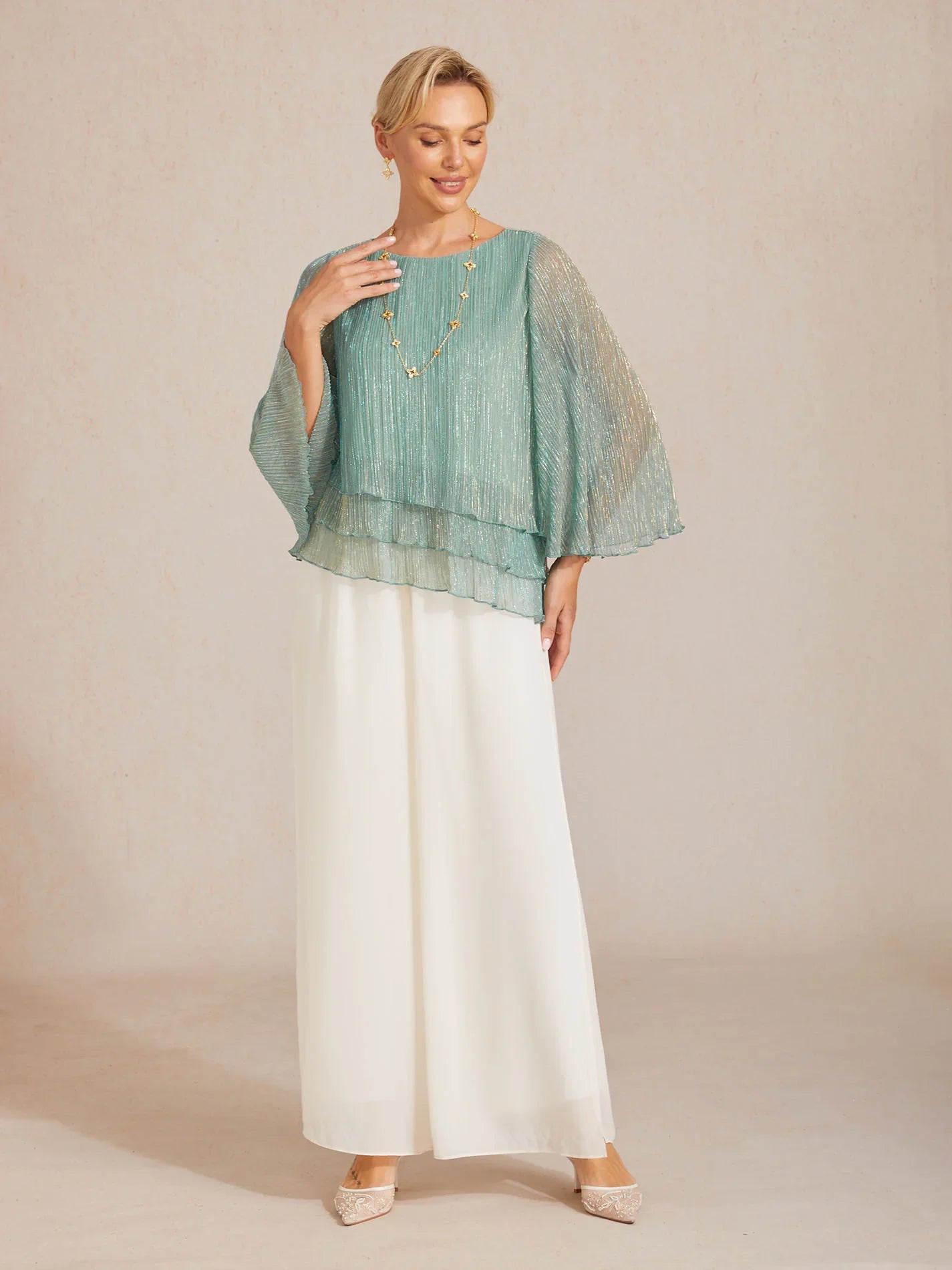 Metallic Chiffonblouse met Geplooide Stof en Asymmetrische Lagen