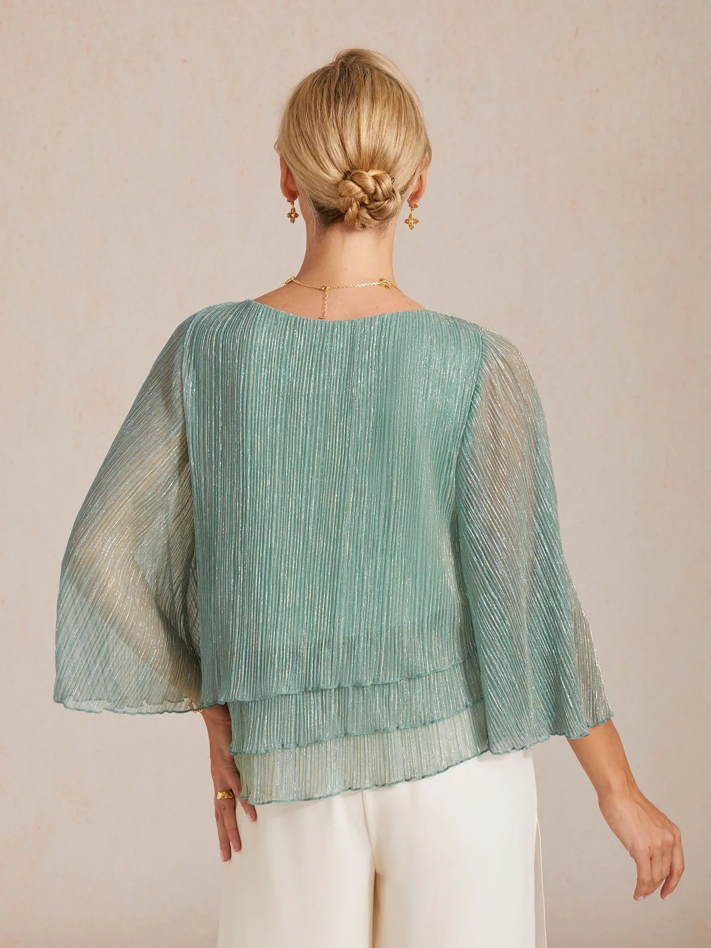 Metallische Geplooide Chiffon Asymmetrische Gelaagde Blouse