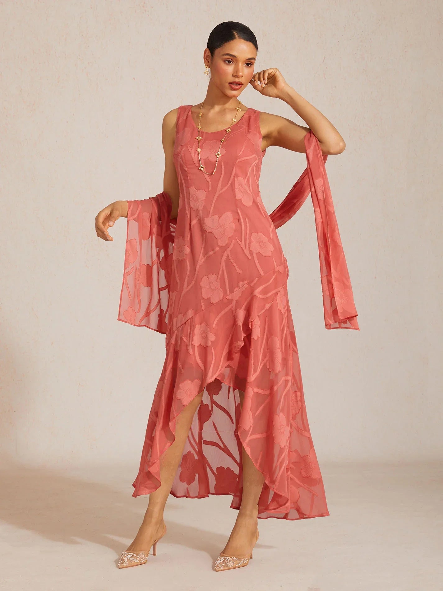 Transparante chiffon sjaal met bloemen