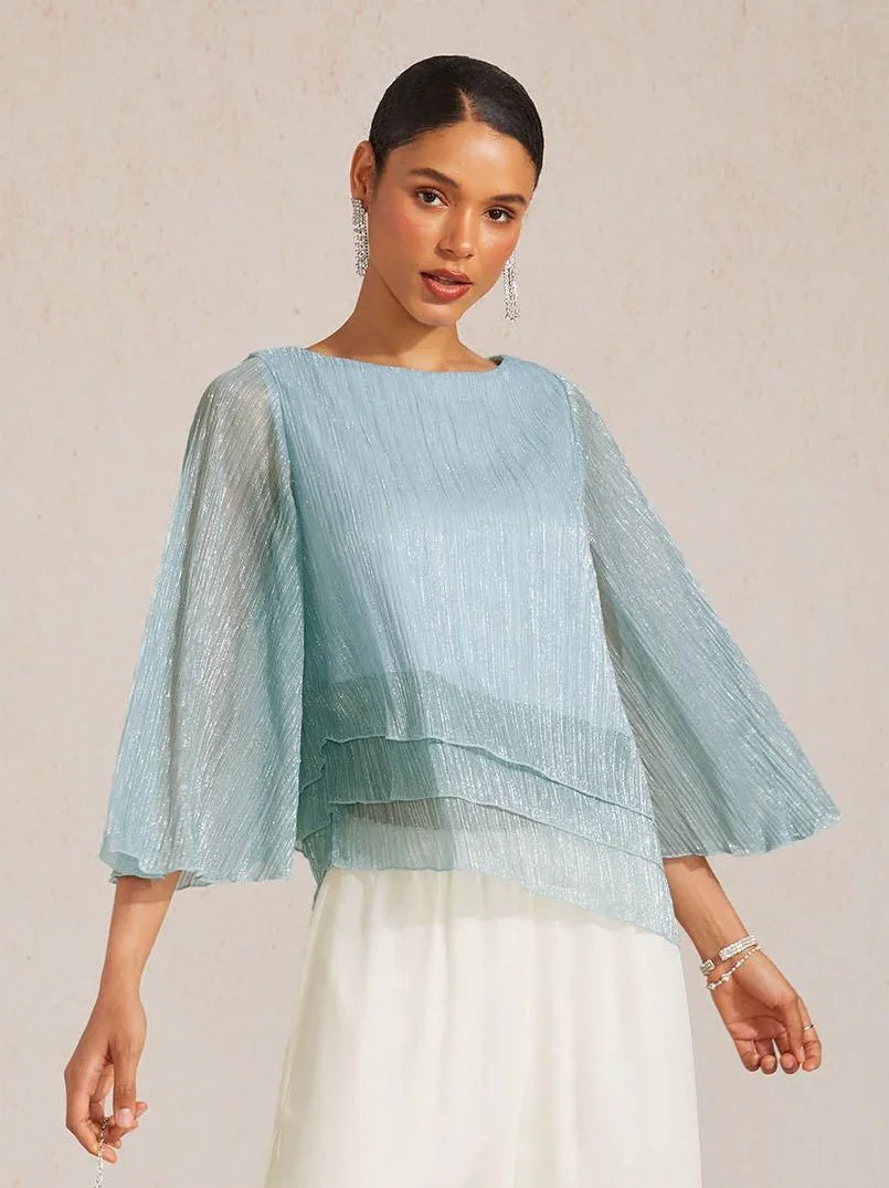Metallic Geplooide Chiffon Asymmetrische Gelaagde Blouse