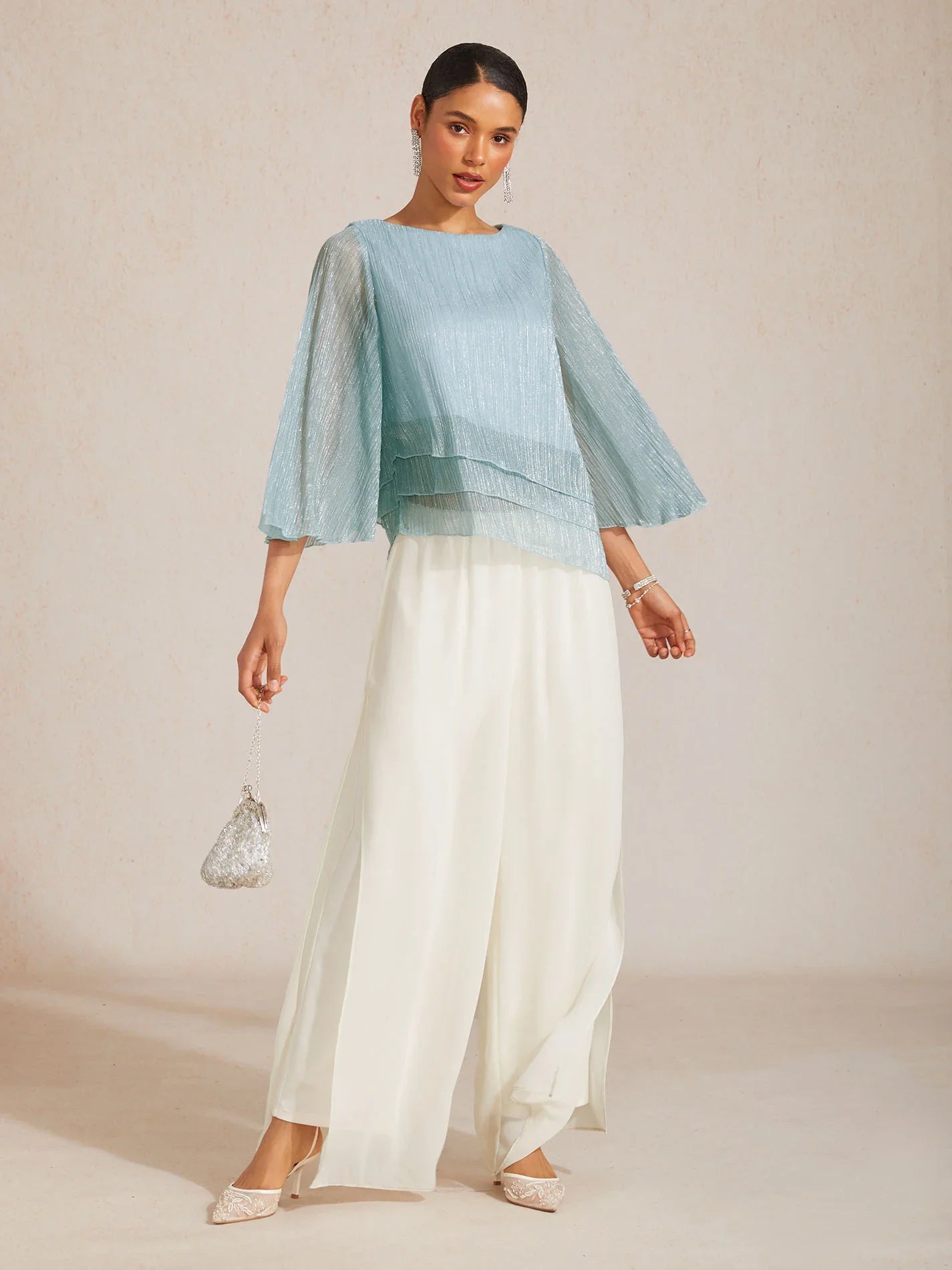 Metallic Geplooide Chiffon Asymmetrische Gelaagde Blouse