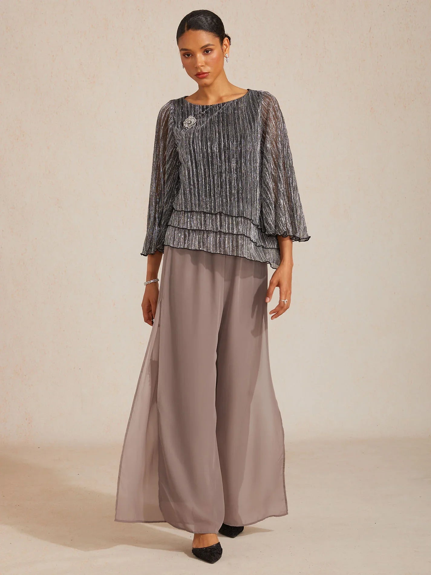 Metallische Geplooide Chiffon Asymmetrische Gelaagde Blouse