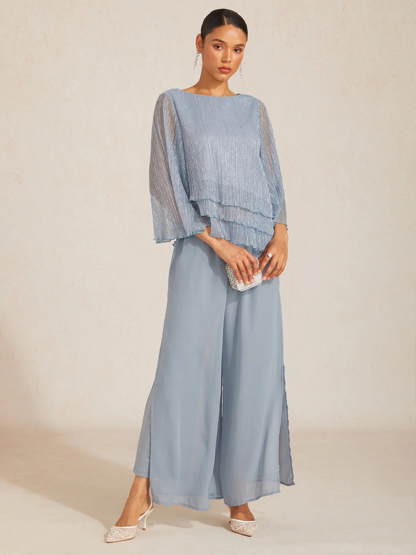 Metallische Geplooide Chiffon Asymmetrische Gelaagde Blouse