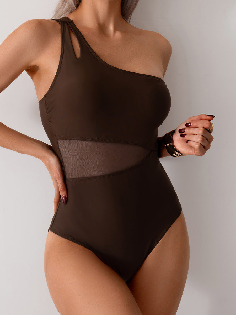 Maclair & Co. - Women's One Piece Swimsuits Tummy Control Mesh Patchwork Bathing Suit One Shoulder Adjustable Straps